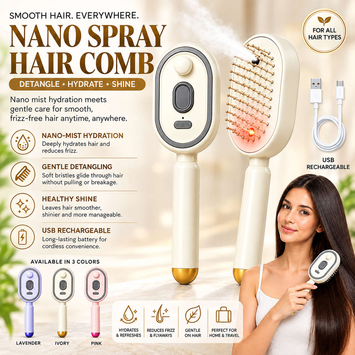 Electric Spray 3 in 1 Rechargeable Hair Massage Comb